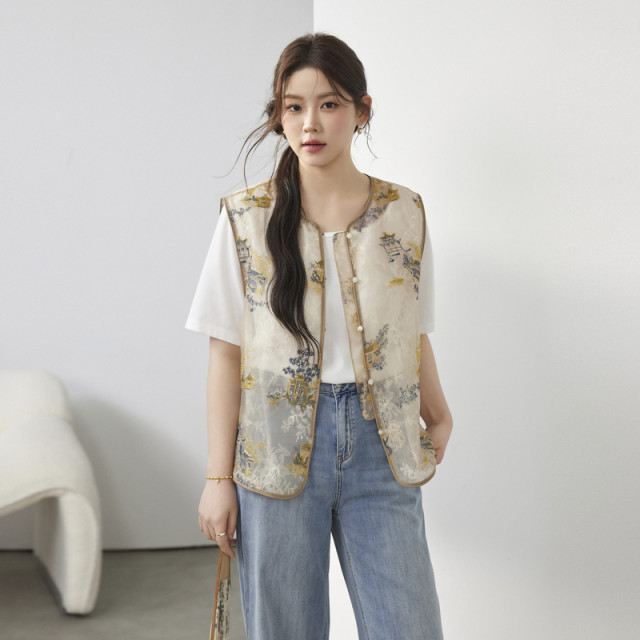 New Chinese retro vest Fiber Xiu Large -size Women's Heavy Industry Embroidery Design Significance Niche Top Fat MM Summer New
