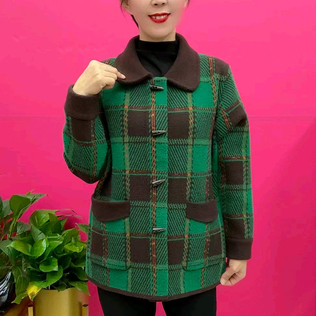 Mother's clothing autumn and winter thickened plaid coat fashionable style lapel loose large size knitted cardigan sweater coat
