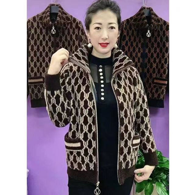 New autumn and winter style middle-aged and elderly mothers' imitation mink velvet knitted tops temperament women's lapel zipper versatile jacket