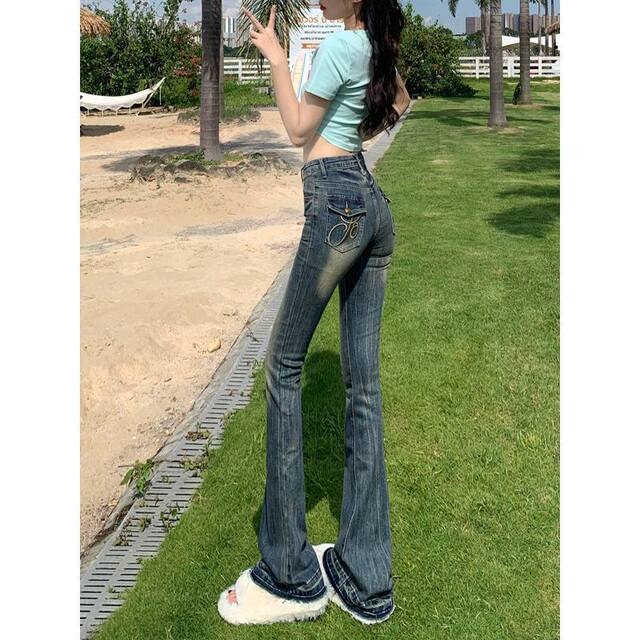 Micro -Laza jeans women's autumn high waist thin horseshoe pants show long elastic embroidered wool bun trousers spring and autumn
