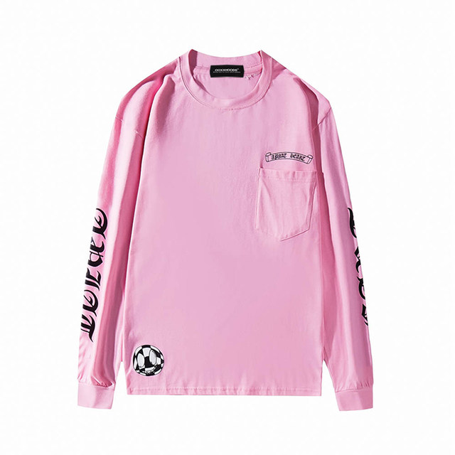 2023 new autumn and winter pink printed arm pockets decorated with cross loose oversize off-shoulder long-sleeved T-shirt