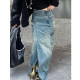 Large size American retro ripped slit denim skirt for women 2025 new slim hip fur edge mid-length skirt