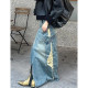 Large size American retro ripped slit denim skirt for women 2025 new slim hip fur edge mid-length skirt