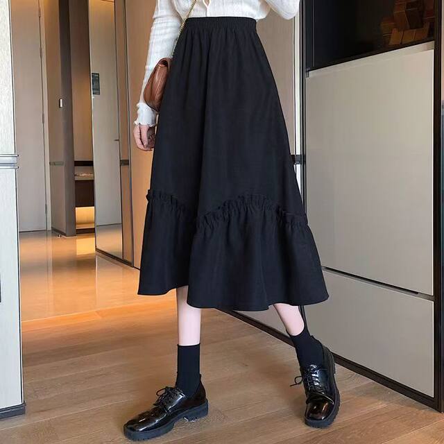 Retro cake skirt black skirt autumn and winter women's long skirt small Japanese skirt Mori A-line skirt spring and autumn