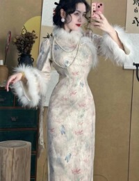 Madame Painter Original Home-made Autumn and Winter Thick Three-dimensional Gentle Butterfly True Wool Cheongsam Dress Princess