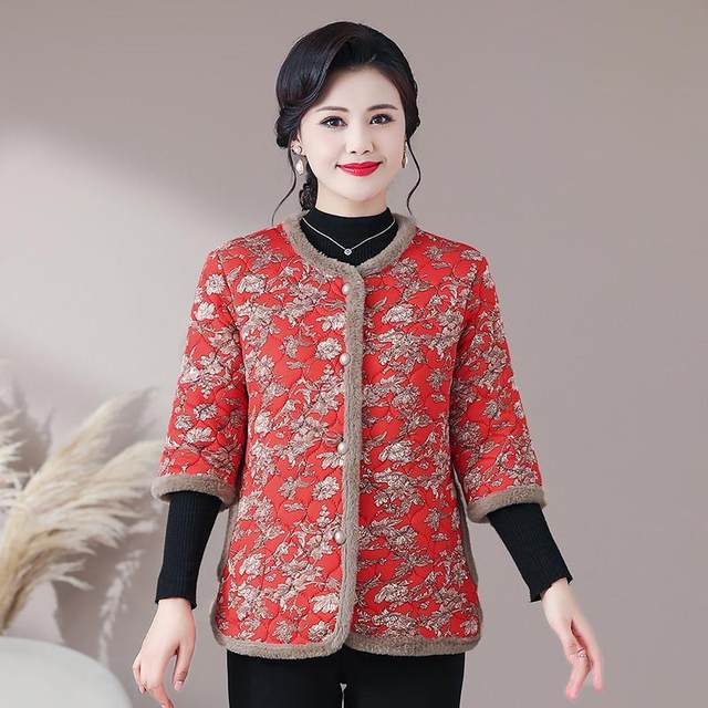 Mom adds velvet warmth in autumn and winter for 7-quarter sleeve vest for the elderly, round neck, middle-sleeved cotton coat, middle-aged and elderly large-size loose top