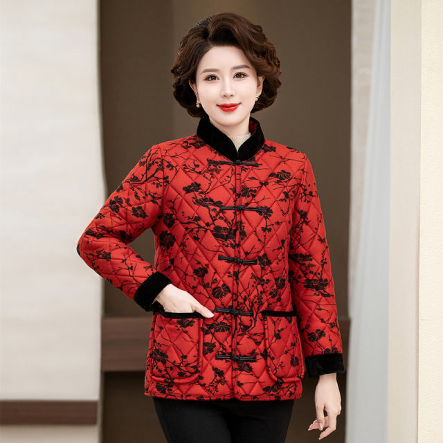 Mom's autumn and winter clothes cotton coat jacket middle-aged and elderly women's loose warm plaid top stand collar cotton coat silk cotton jacket