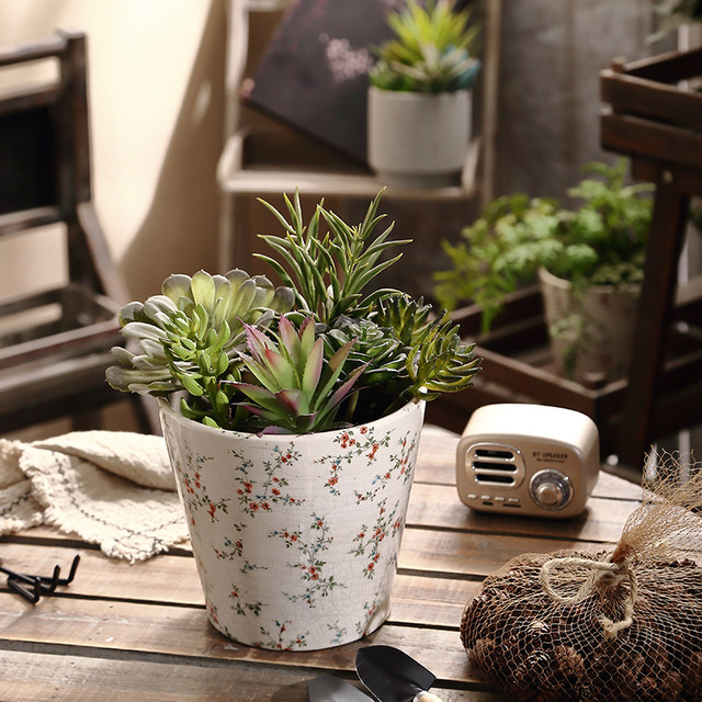 Small floral ceramic ice crack hand-painted flower pot Nordic modern gardening flower green planting desktop creative ornament