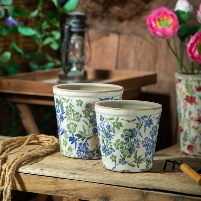 Nordic retro garden living room handmade old ceramic flowerpot gardening flowers and green plants succulent breathable household flower pots