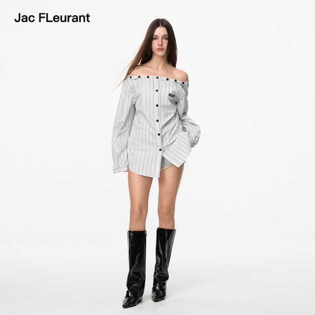 JAC FLEURANT2025 Spring and Summer New Style Shirt Women's Long Sleeve Striped Loose White One-Shoulder Waist Shirt
