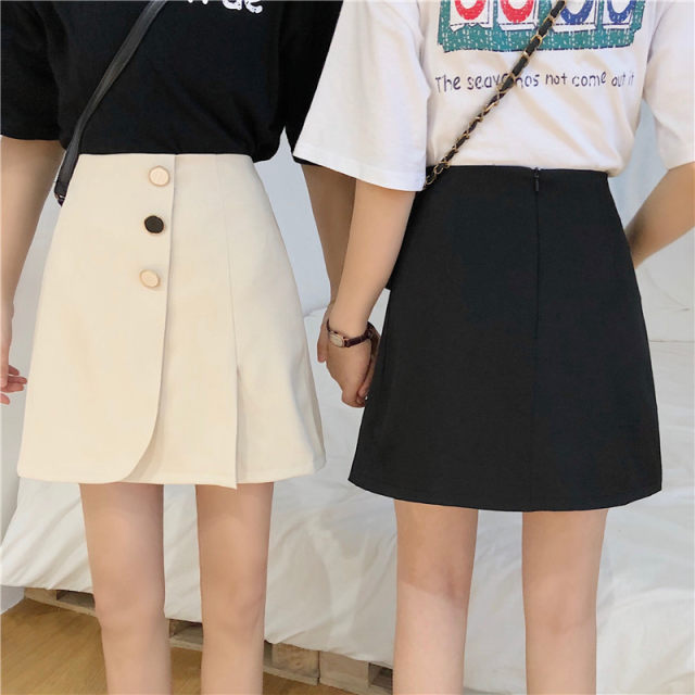 Plus size fat mm spring Korean version 2022 new slim button skirt female students versatile A-line side pleated skirt