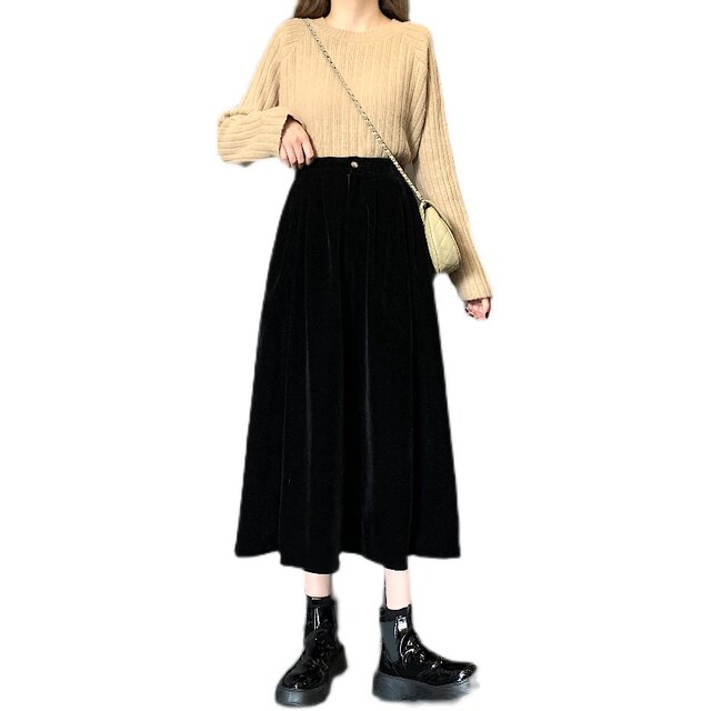 Autumn and winter new fat MM high -waisted medium long skirt velvet A -line skirt temperament versatile large size thin pocket long skirt
