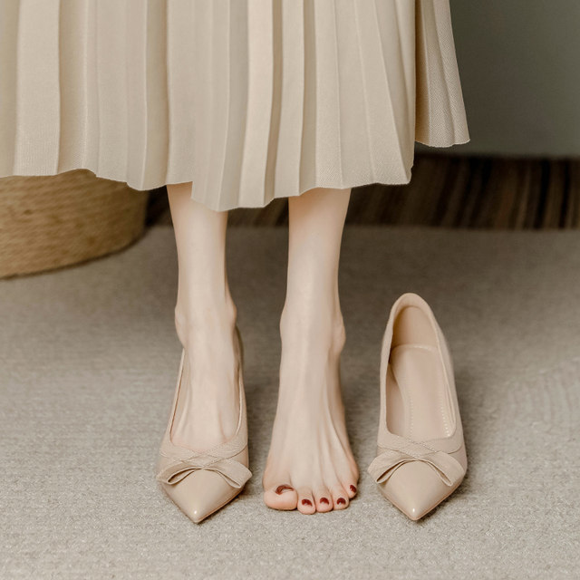 Sheepskin nude thick heel pointed toe mid-heel 5cm high heels for women 7cm 2025 spring and autumn soft leather with skirt single shoes