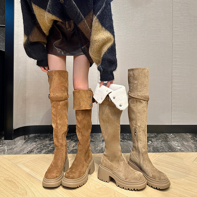 High heels over-knee boots plus fluffy cotton boots women's shoes 2025 new autumn and winter snow boots long knight boots