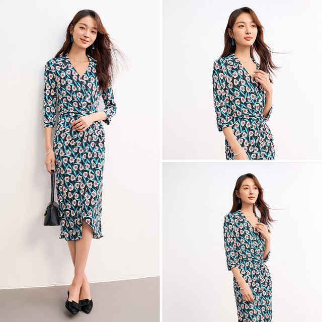 Spring bamboo 100% mulberry silk V-neck 7-quarter sleeve floral 2025 summer new stretch knitted silk dress
