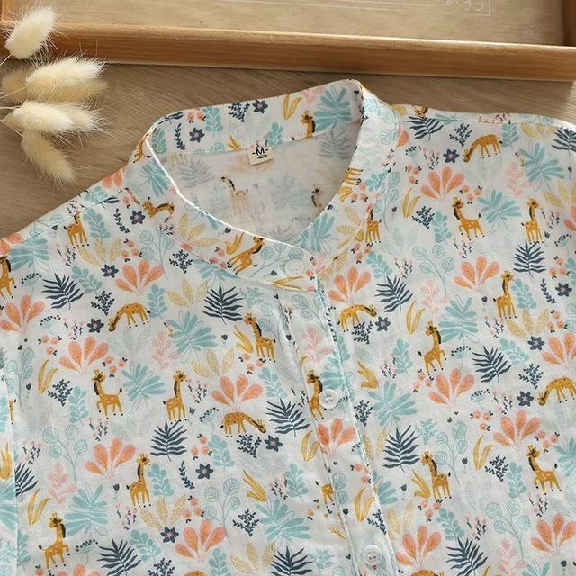 Spring and Autumn New Style Literary Stand Collar Double Layer Cotton Long Sleeve Shirt Women's Loose Cartoon Print Soft Base Shirt
