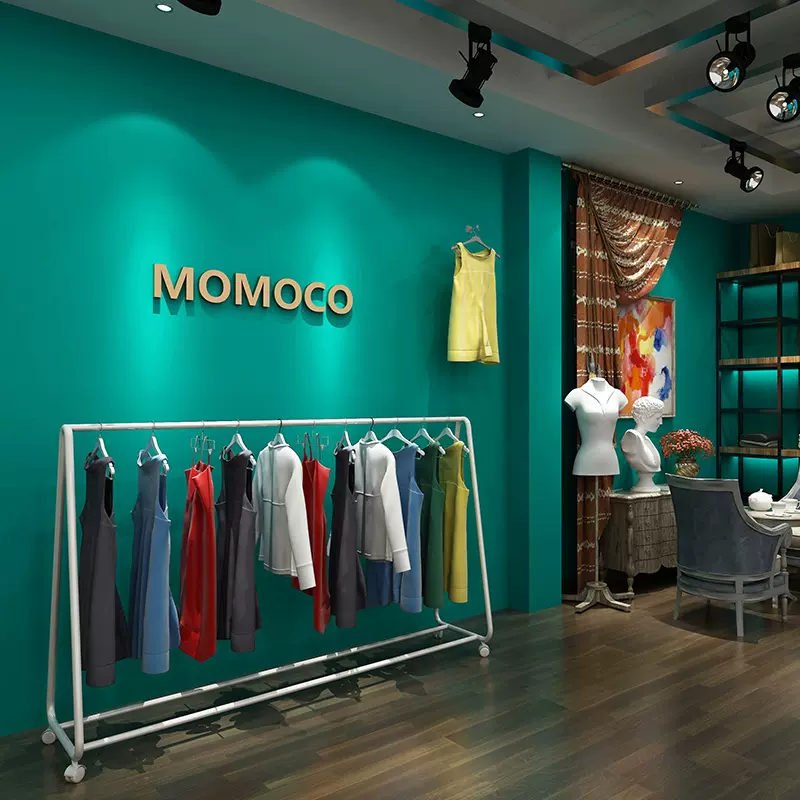 墙纸自粘孔雀蓝绿色高级感女服装店网红直播间卧室