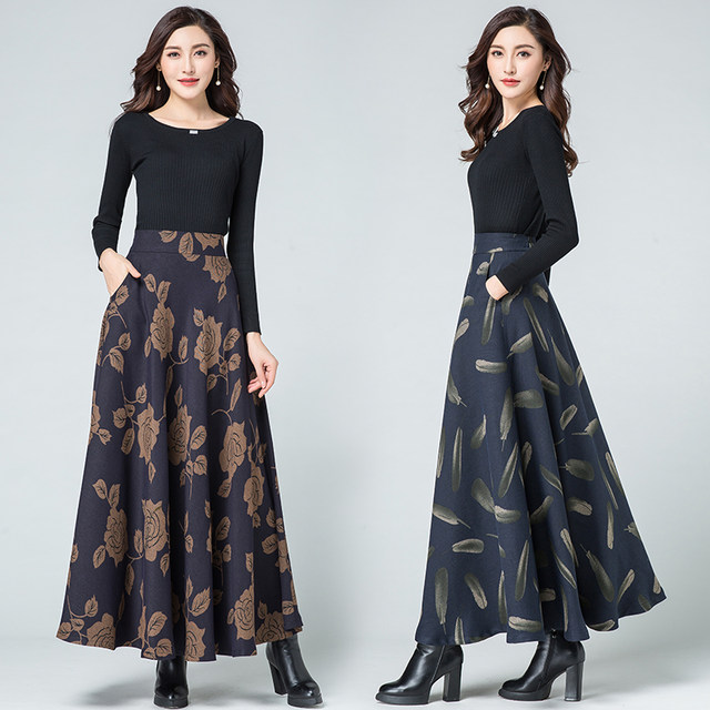 2018 Autumn and Winter New High Waist Large Size Skirt Zipper Large Hem Long Skirt Ethnic Style Retro Mid-Length Winter Skirt for Women
