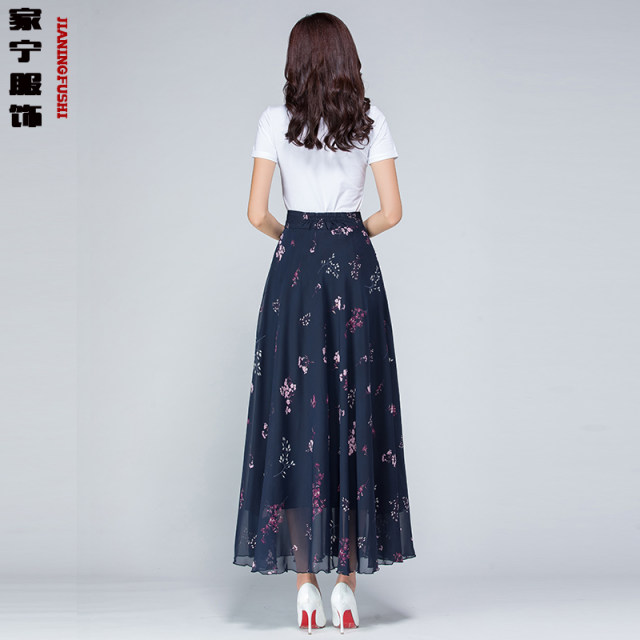 2024 Summer wild floral chiffon half body long skirt new high -waisted A -line skirt big size dance long skirt
