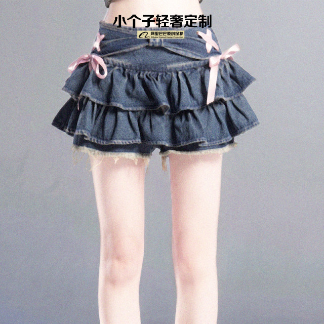 Small light luxury custom lace-up skirt blue denim pleated skirt hot girl slim short skirt design skirt pants