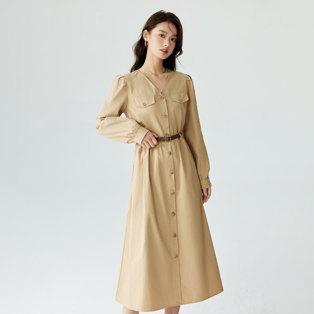Inman French commuter puff sleeve dress 2024 spring temperament V-neck slim mid-length A-line skirt
