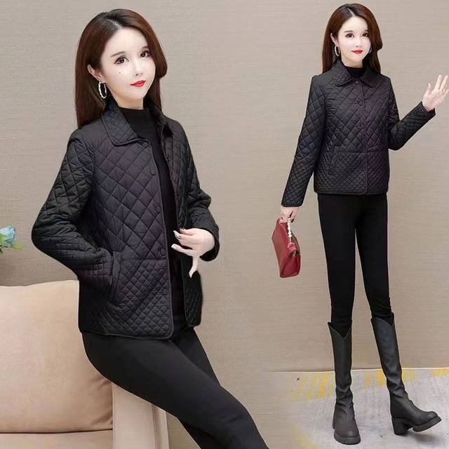 Diamond plaid cotton thin jacket for women short winter 2024 new Korean loose casual light cotton jacket