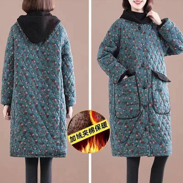 Middle -length thickened warm cotton jacket Women's winter 2022 new loose large size casual print cotton plus velvet jacket
