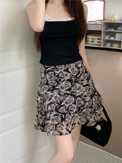 Large size high-end ruffled floral skirt for women in summer new high-waisted temperament A-line skirt versatile short skirt