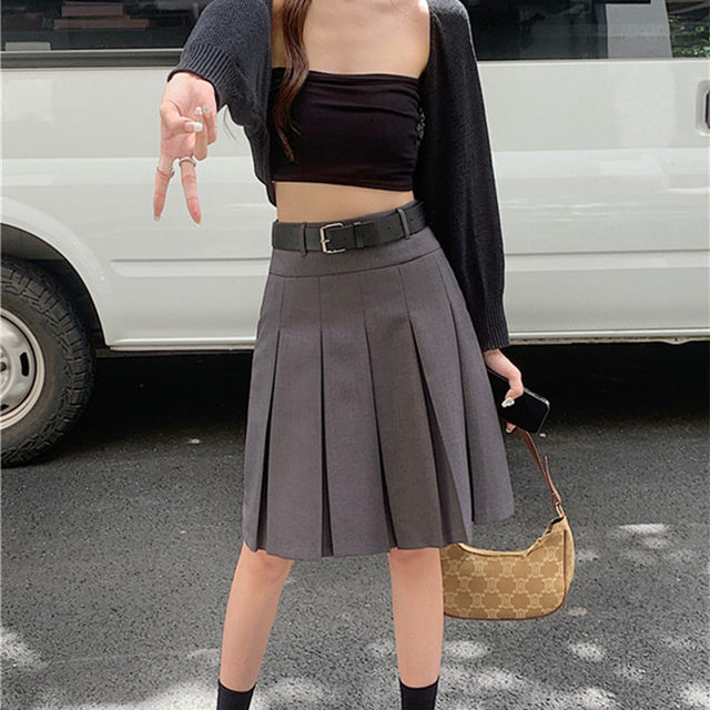 Large size black mid-length pleated skirt for women in spring and autumn high-waisted retro college style skirt slim suit a-line skirt