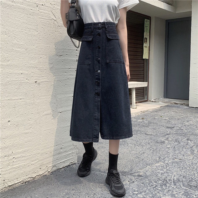 2022 summer large size medium-length single-breasted denim skirt fat mm Korean version a-line hip-pack skirt 200Jin [Jin equals 0.5 kg]