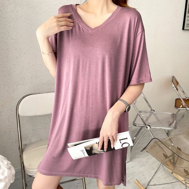 Modal dress women's summer V-neck slim mid-length solid color short-sleeved nightgown to wear high-waisted thin casual skirt