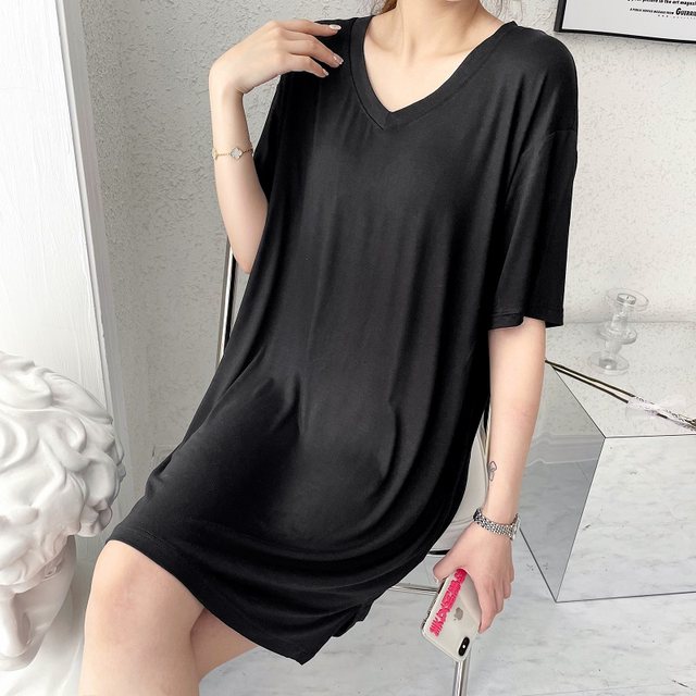 Modal dress women's summer V-neck slim mid-length solid color short-sleeved nightgown to wear high-waisted thin casual skirt