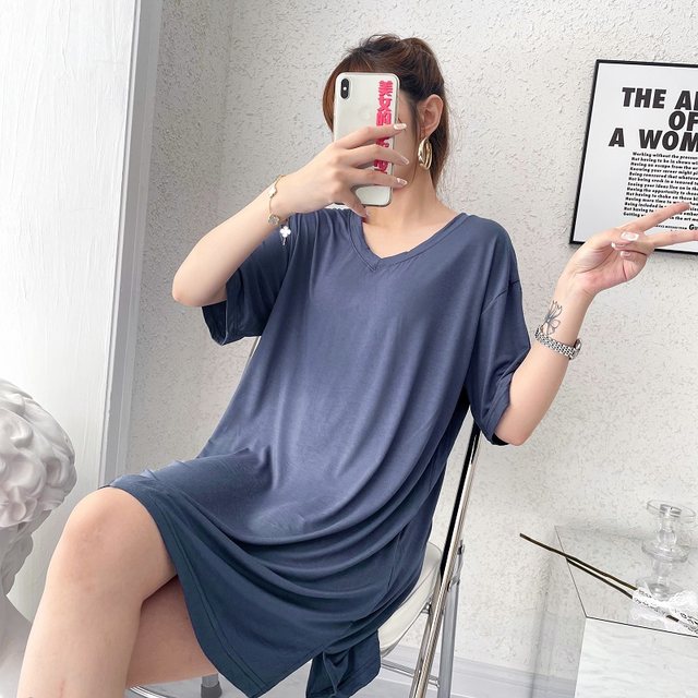 Modal dress women's summer V-neck slim mid-length solid color short-sleeved nightgown to wear high-waisted thin casual skirt