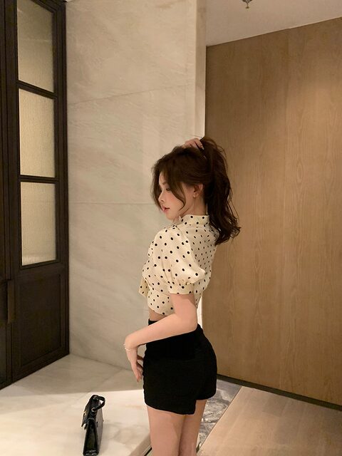 French retro bow polka dot shirt for women summer design short puff sleeves slim waist shirt top
