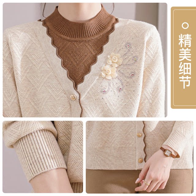 Yu Zhaolin middle-aged and elderly knitwear 2025 new velvet thickening casual age-reducing vacation two-piece autumn inner top
