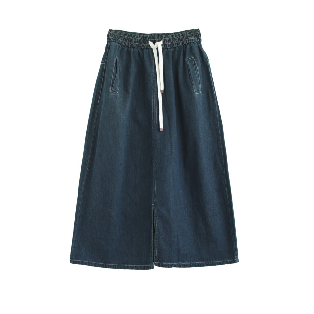 Dele original autumn retro pure cotton washing denim skirt for women's elastic waist strap front slit midi skirt