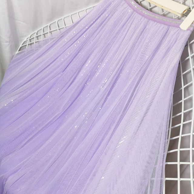 Taro Purple Skirt Fairy Girl Sweet A-line High Waist Taro Purple Mesh Sequin Long Skirt Slimming Draping Gauze Skirt