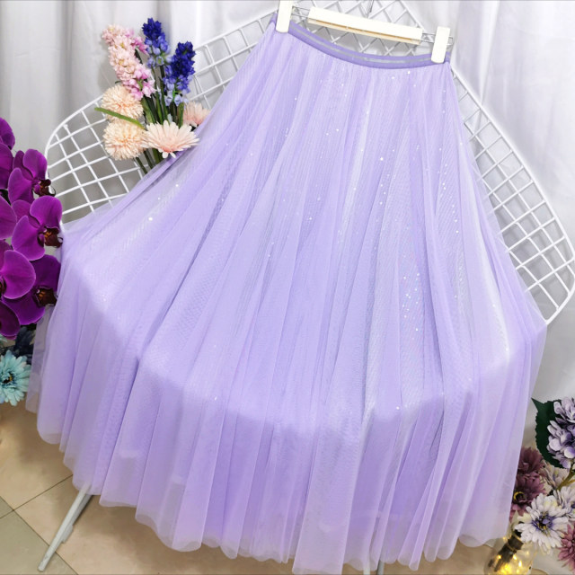 Taro Purple Skirt Fairy Girl Sweet A-line High Waist Taro Purple Mesh Sequin Long Skirt Slimming Draping Gauze Skirt