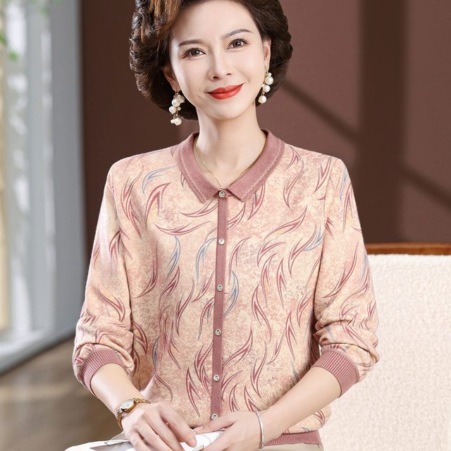 Mom suit spring and autumn thin cotton T-shirt top middle-aged and elderly women's autumn new knitted lapel base sweater