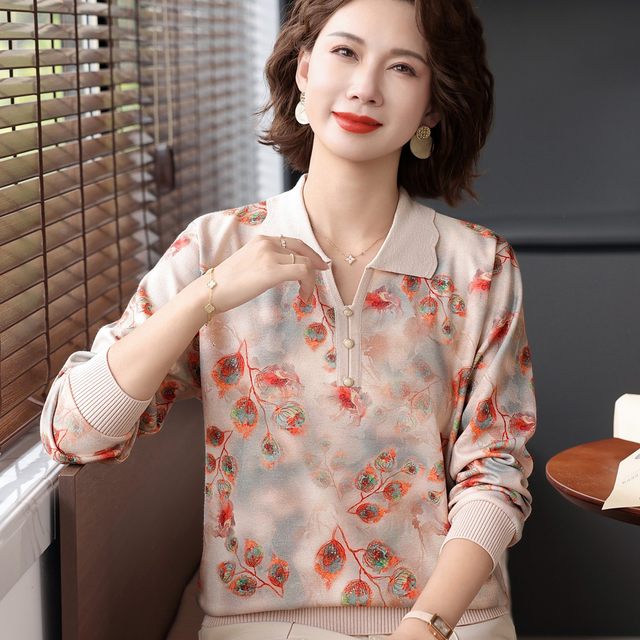 Early autumn mother wears lapel gold silk cotton T-shirt small shirt autumn suit middle-aged and elderly women's spring and autumn base top