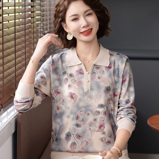 Early autumn mother wears lapel gold silk cotton T-shirt small shirt autumn suit middle-aged and elderly women's spring and autumn base top