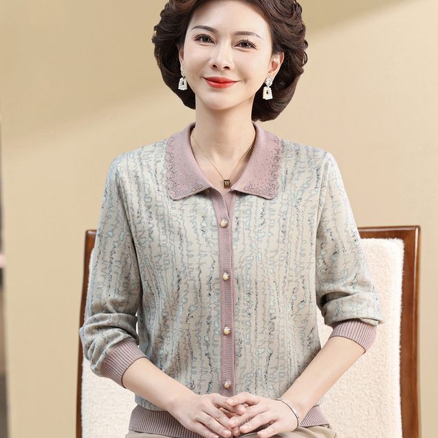 Mom's spring and autumn fashionable lapel pure cotton T-shirt base shirt middle-aged and elderly women's early autumn thin long-sleeved top cardigan