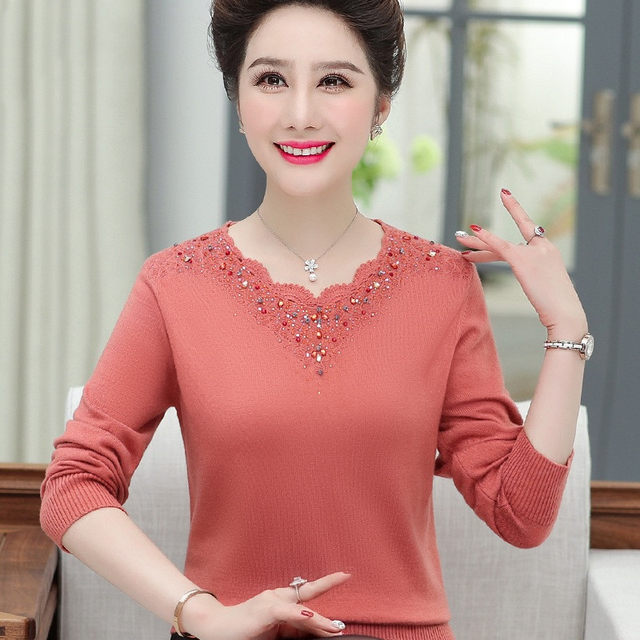 This Nunn Nian Mom pretend to be a red sweater female spring and autumn new middle -aged large size bottoming shirt, foreign western, middle -aged and elderly wool sweater

