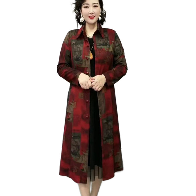 Autumn and winter new style large size women's single-breasted windbreaker mid-length printed slimming knee-high high-end temperament coat