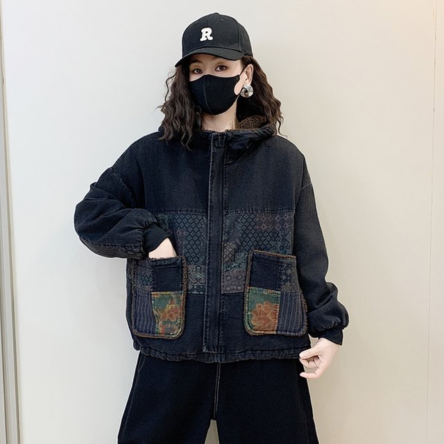 Velvet thickened washed denim hooded jacket autumn and winter new women's versatile casual zipper warm cotton jacket