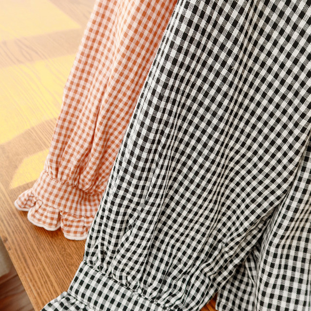 Large size plaid shirt for women, fat mm soft cotton spring clothes, literary black ears, stand collar, loose fat girl long-sleeved shirt