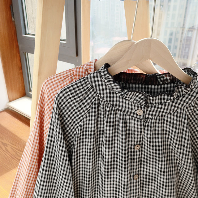 Large size plaid shirt for women, fat mm soft cotton spring clothes, literary black ears, stand collar, loose fat girl long-sleeved shirt