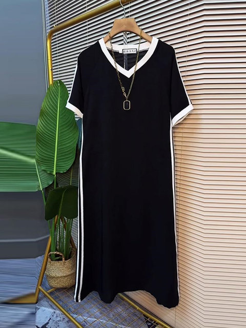 Fat sister 2-300Jin [Jin equals 0.5 kg] Extra large size loose belly slim and casual style summer short-sleeved V-neck long dress for women