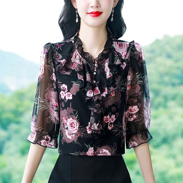 Mulberry silk ribbon leaf edge 7-quarter sleeve shirt 2025 new mother floral fashionable little shirt chiffon shirt top