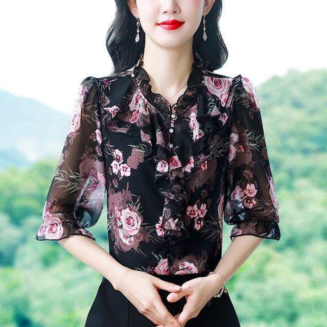Mulberry silk ribbon leaf edge 7-quarter sleeve shirt 2025 new mother floral fashionable little shirt chiffon shirt top